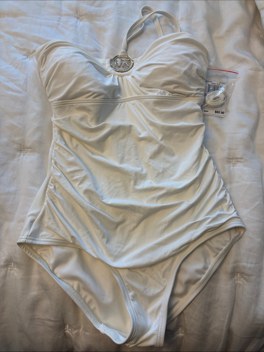 Michael Kors Cream Ruched One-Piece  Swimsuit with MK Medallion